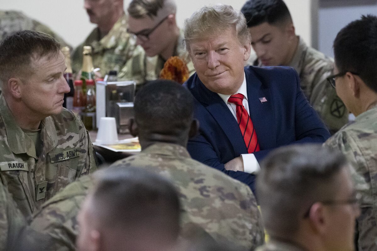 President Trump talks with U.S. troops at Bagram Airfield in Afghanistan on Nov. 28, 2019.