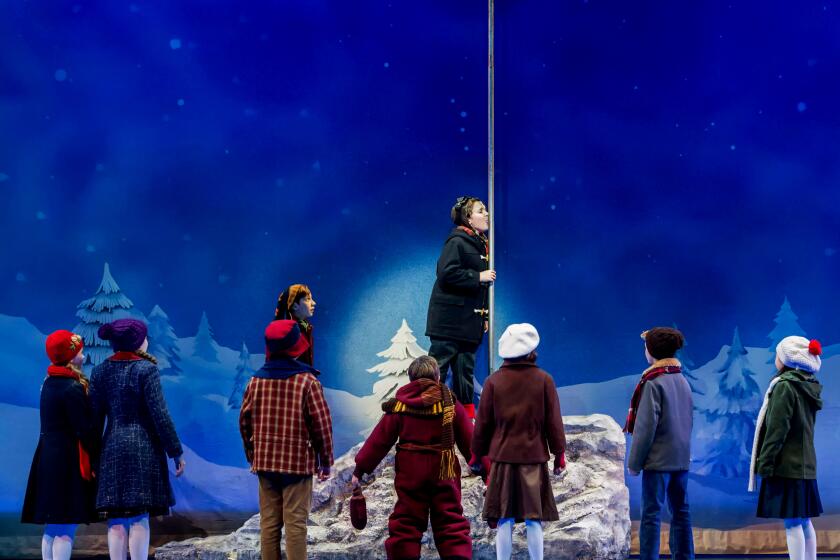 Addalie Burns, left, Greta Rebecca Kleinman, Kai Edgar, Kayden Alexander Koshelev, Henry Witcher, Jack Casey, Izzy Pike, Charlie Stover and Emilie Ong in "A Christmas Story, The Musical" at Center Theatre Group's Ahmanson Theatre December 5 through December 31, 2023. (Craig Schwartz Photography)