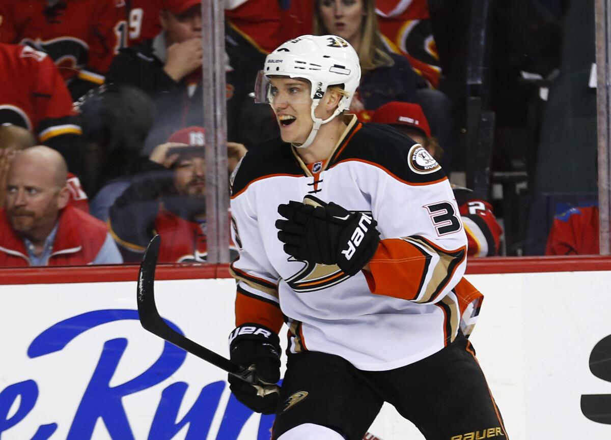 Ducks' Jakob Silfverberg celebrates his goal against the Calgary Flames during Game 4 of their NHL playoff series Friday.