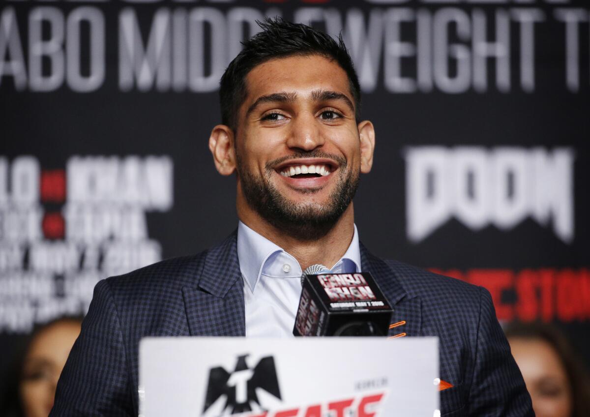 Amir Khan speaks at a news conference Wednesday at the MGM Grand.