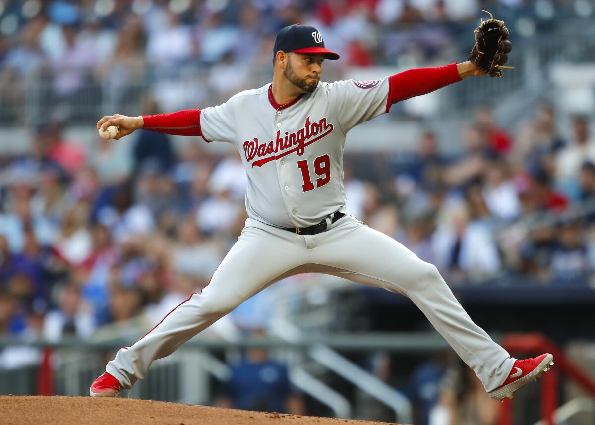 Nationals starter Anibal Sanchez delivers a pitch against the Braves during a game earlier this season.