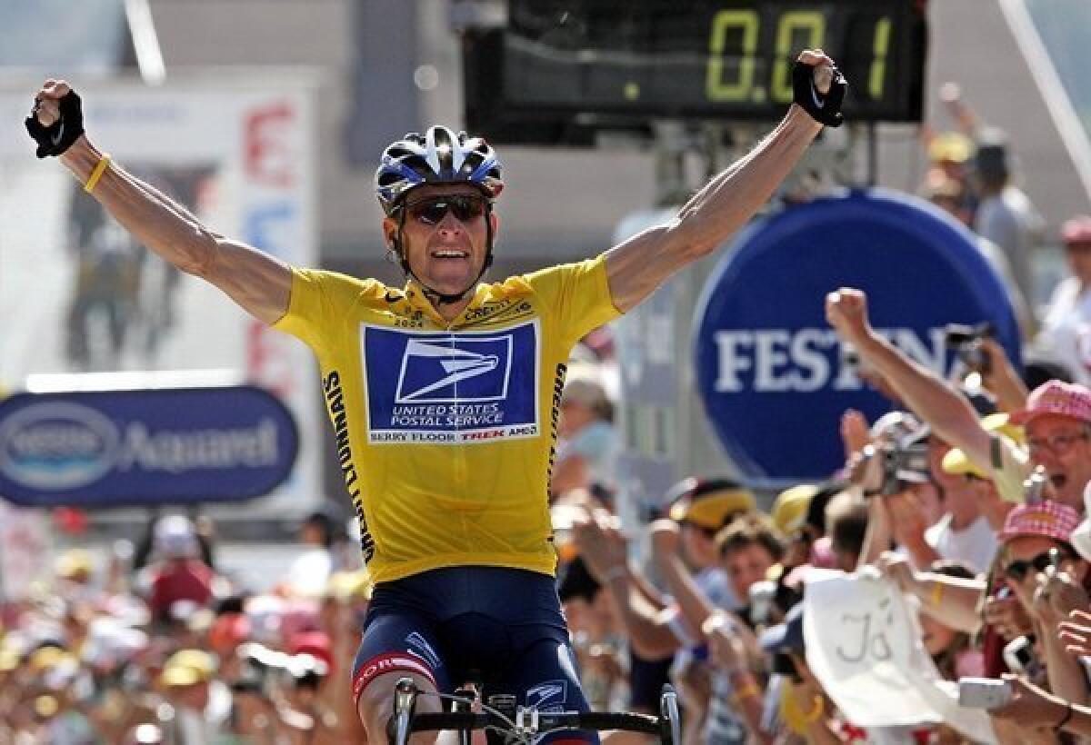 Lance Armstrong crosses the finish line as the victor in the Tour de France, one of his seven wins, all of which were stripped from him because of doping findings. He has repeatedly denied them, but may be considering admitting that he did.