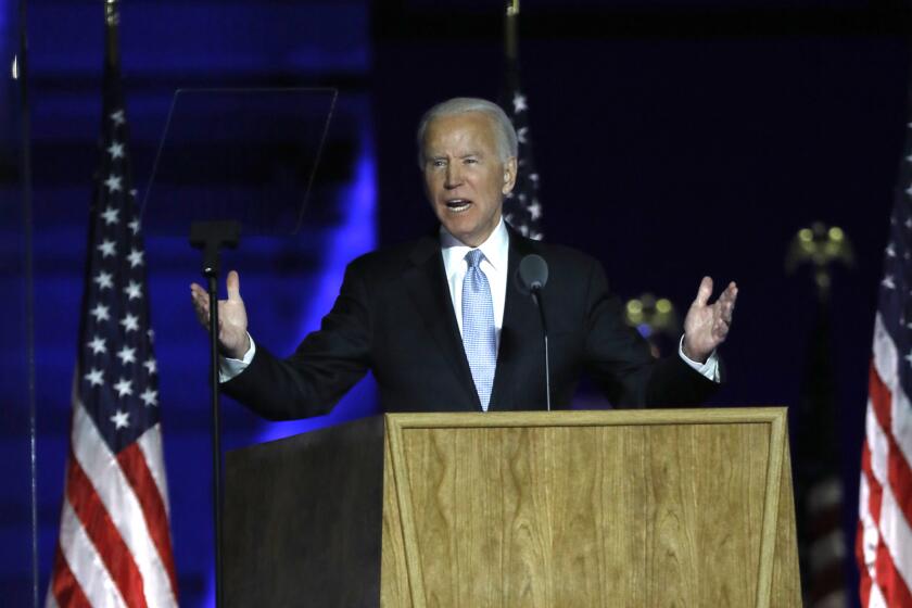 Wilmington, Pennsylvania-Nov. 7, 2020-President-elect Joe Biden addresses supporters at Chase Center in Wilmington, DE, on Nov, 7, 2020 after being named the winners. (Carolyn Cole / Los Angeles Times)