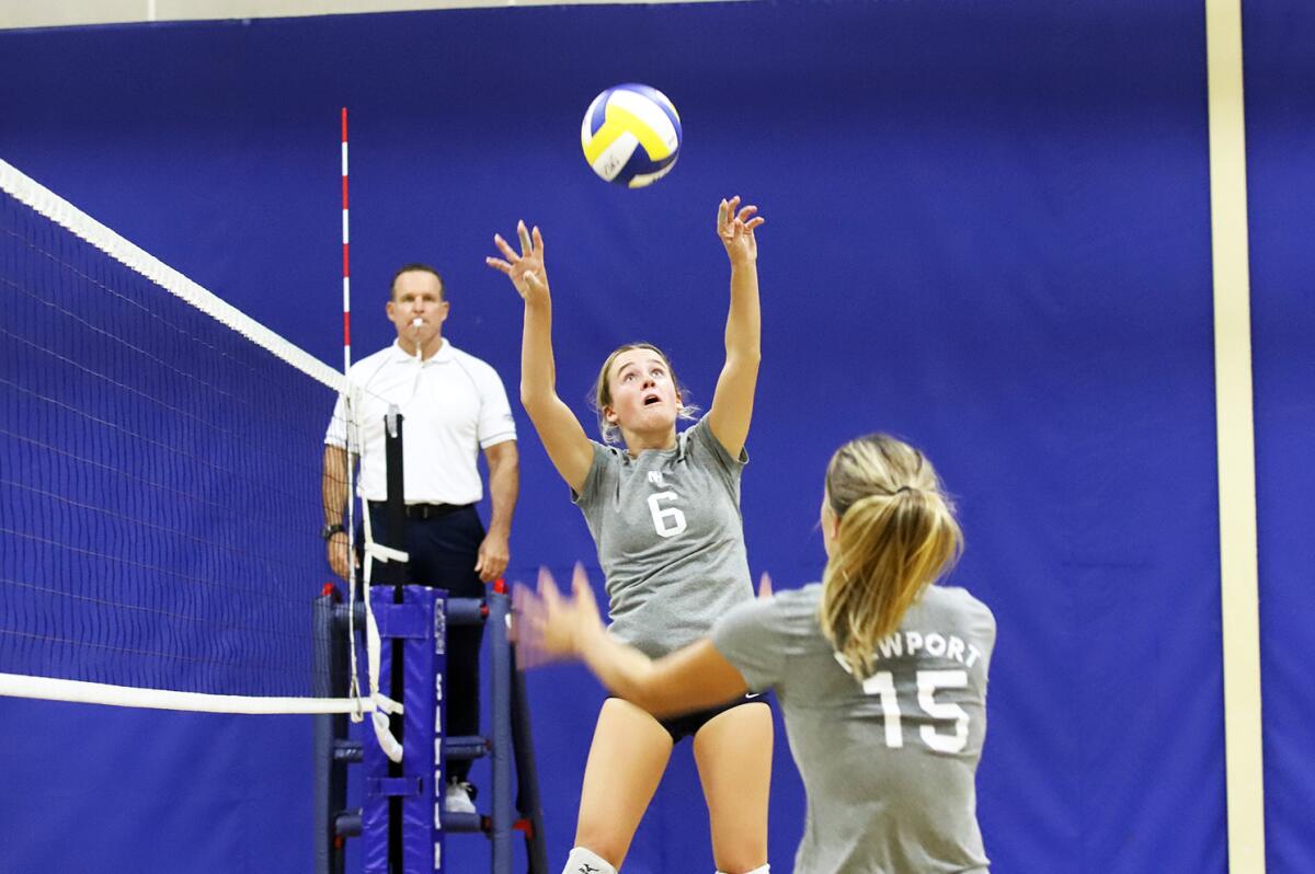 Newport Harbor's Drue Coberly plays volleyball against Orange Lutheran.