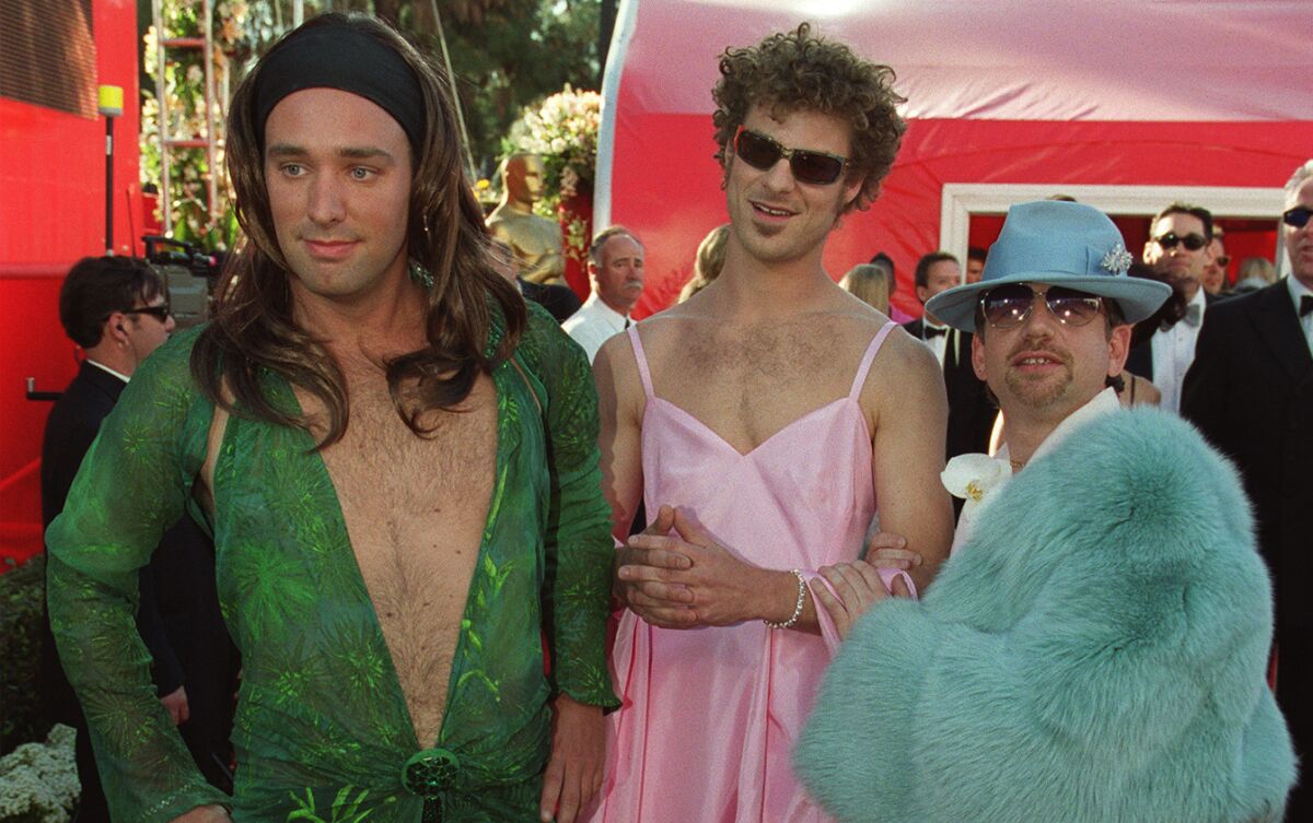 "South Park" creators Trey Parker, left, and Matt Stone, center, were tickled by the idea of showing up to the 2000 Oscars mimicking some legendary red-carpet looks (namely Jennifer Lopez's belly-button-baring gown at the 2000 Grammys and Gwyneth Paltrow's 1999 Oscar get-up). We later found out that the duo took drugs to muster up the courage. "It's really important we set the record straight," they told Jimmy Kimmel in 2011. "We were on acid." If it takes illegal substances to merit the stunt, perhaps it wasn't worth it to begin with.