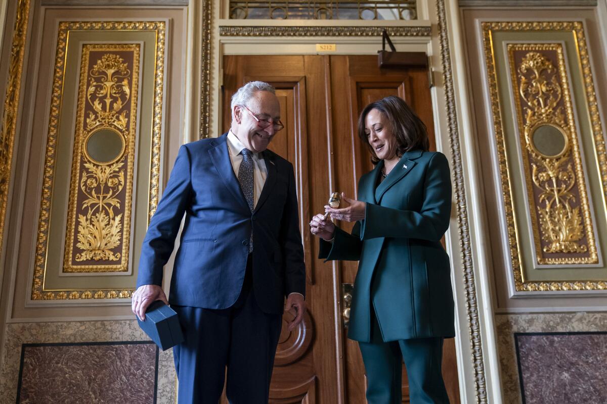 Sen. Charles Schumer and Vice President Kamala Harris smile in a hallway.