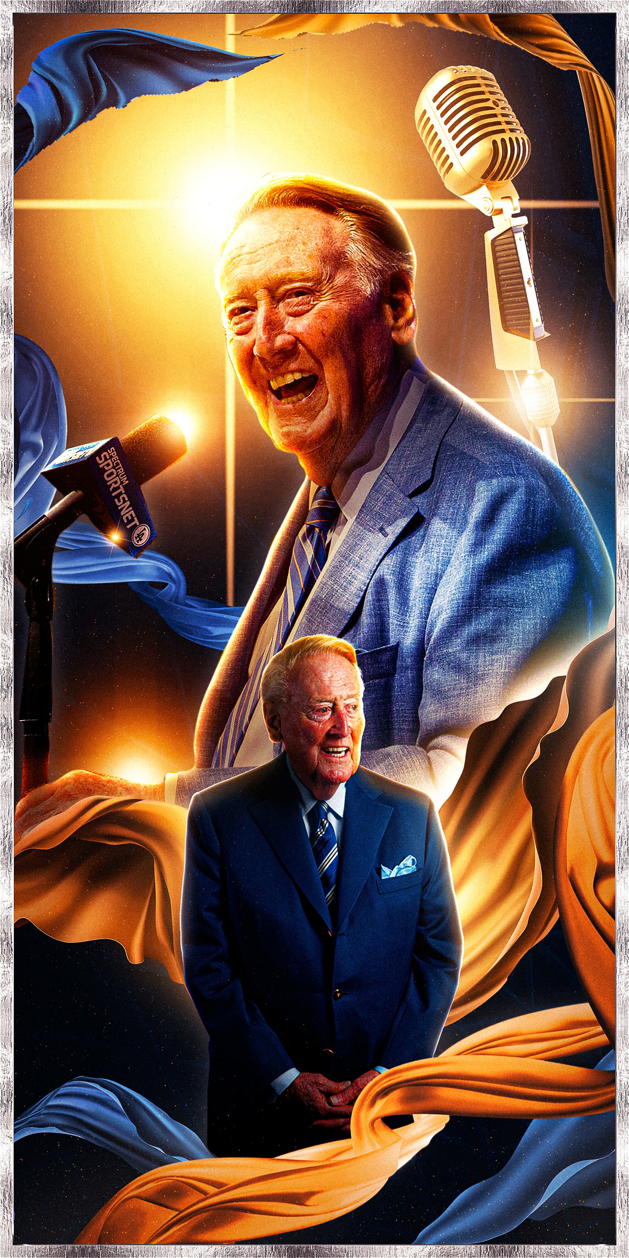 Illustration of two portraits of Vin Scully, one of him smiling widely and one of him standing, backlit by spotlights.