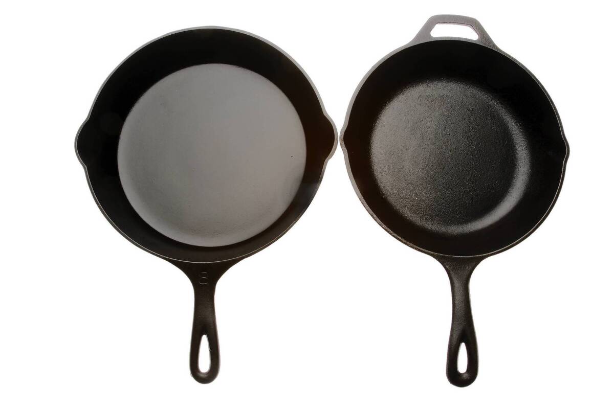 Some cooks prefer cast-iron cookware with a rough texture, others think a polished surface helps the seasoning.