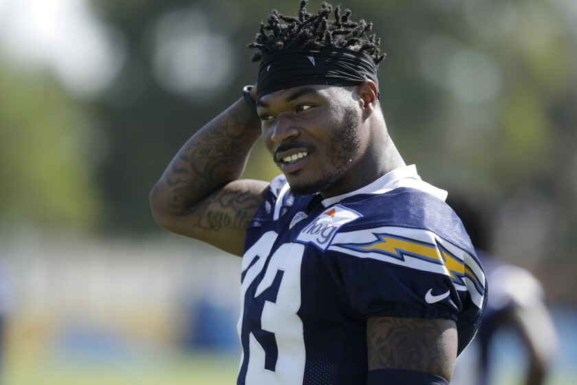 Chargers safety Derwin James takes a break during a past practice.
