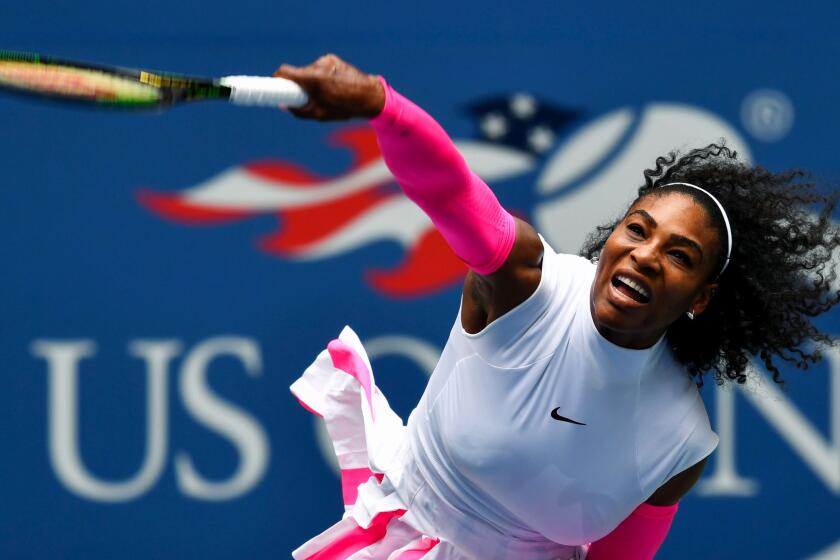 Serena Williams unleashes a serve Saturday during her straight-set victory over Johanna Larsson.