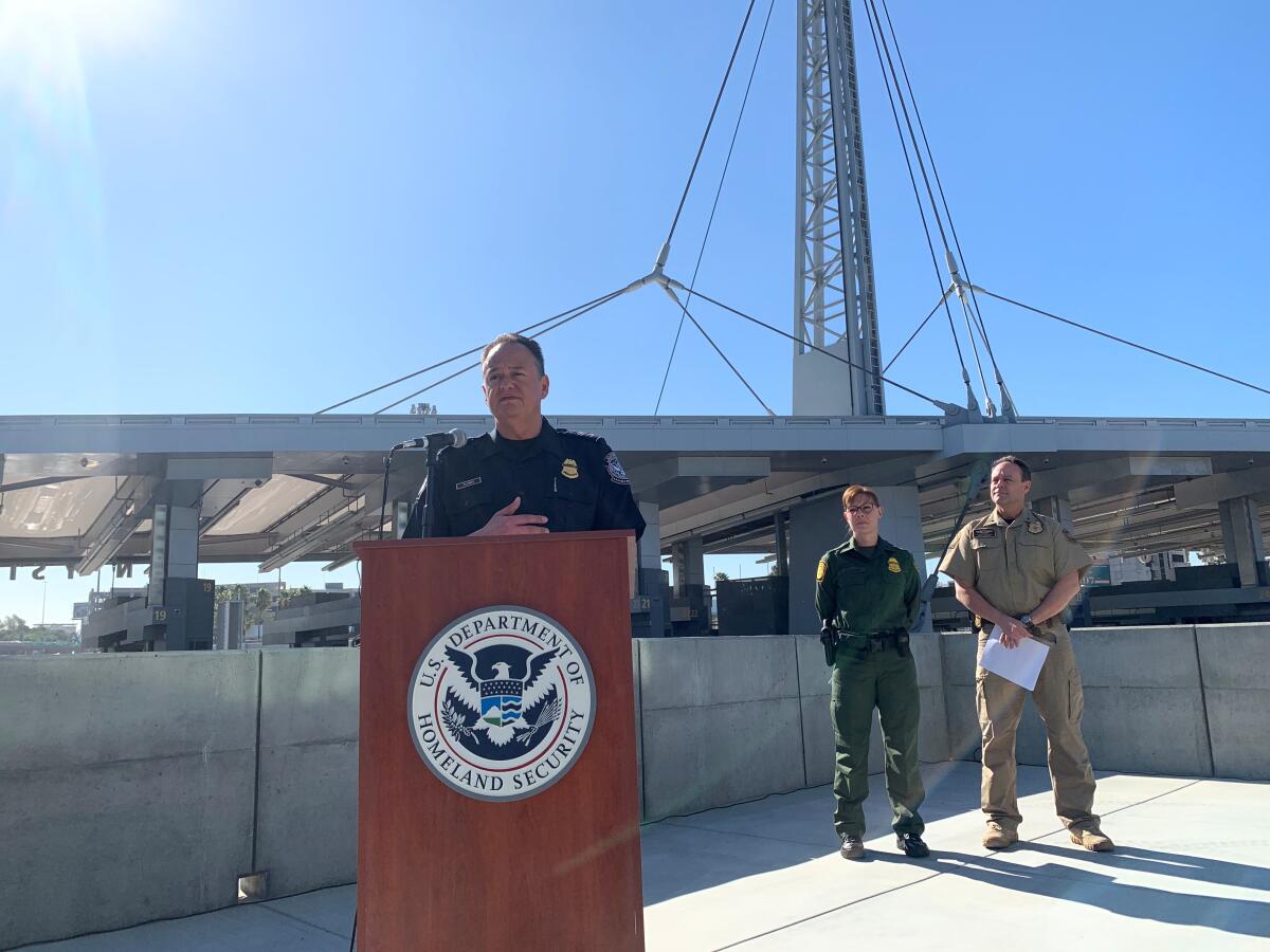 Pete Flores, Director of Field Operations in San Diego for Customs and Border Protection, discusses fiscal year 2019 apprehension and drug seizure data during a press conference at San Ysidro port of entry on Nov. 1, 2019.