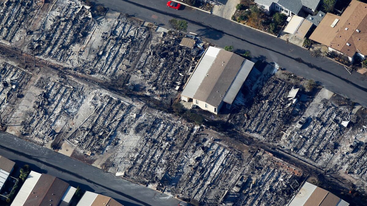 The Lilac Fire burned rows of mobile homes at Rancho Monserate Country Club, a 55 plus resident-owned community east of Bonsall in northern San Diego County