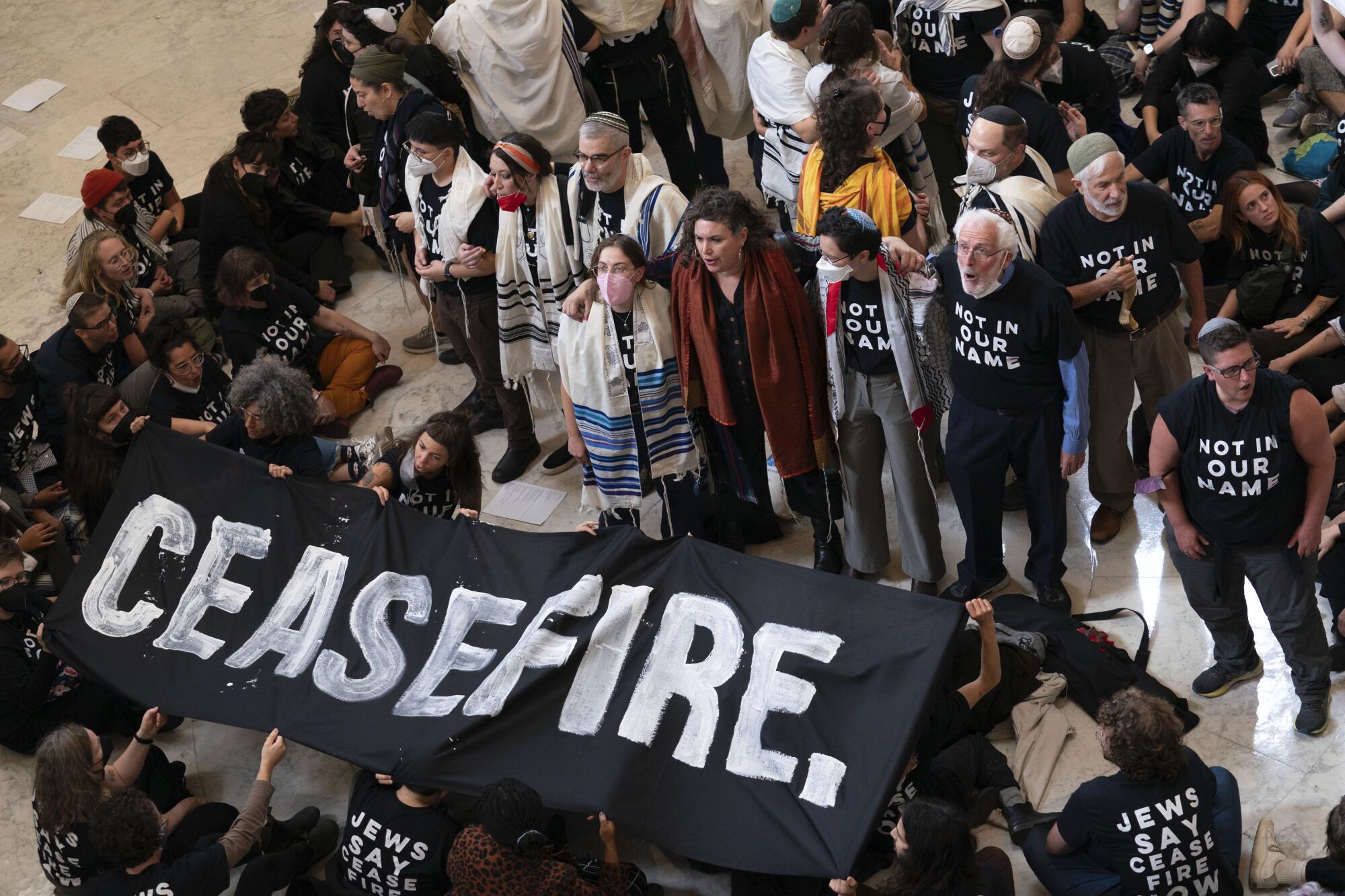 A crowd stands before a group of people holding a black banner with the word Ceasefire. 