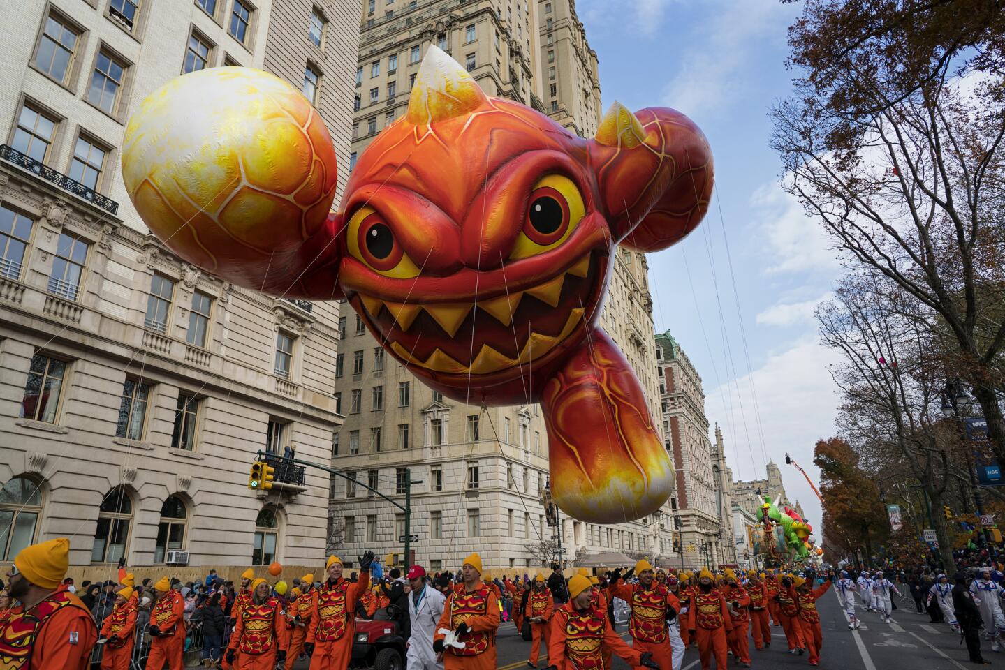 The Skylanders Eruptor balloon floats above the Macy's Thanksgiving Day Parade in New York.