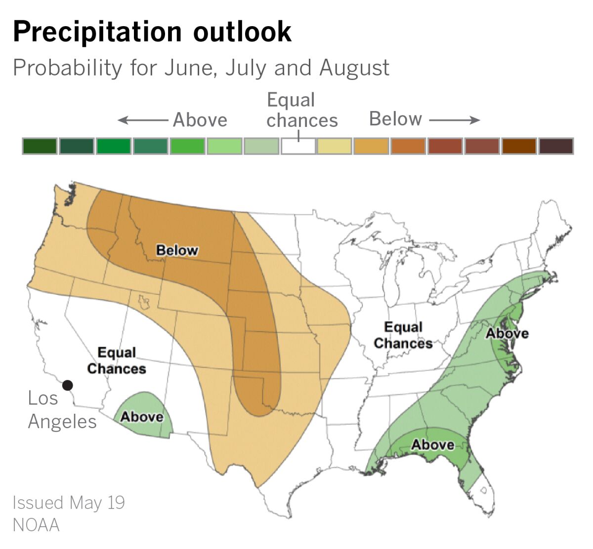 Precipitation outlook for June, July and August.