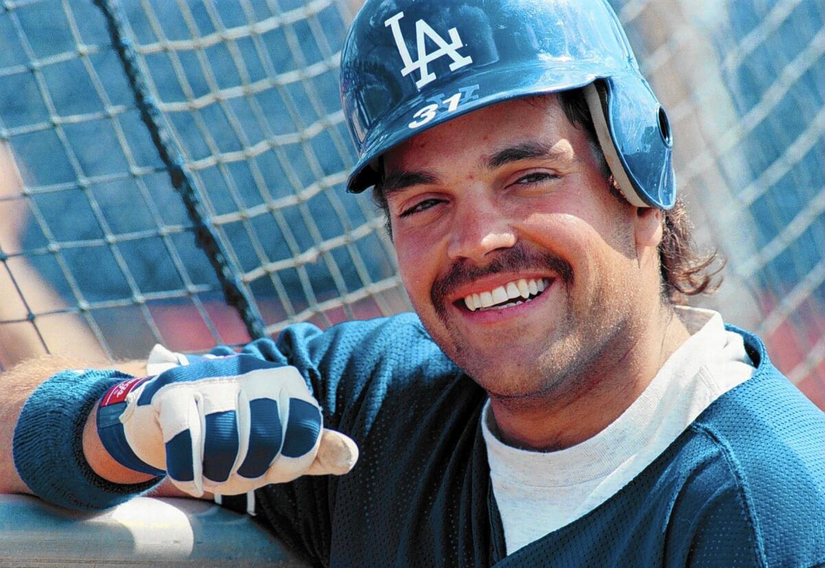 Dodgers catcher Mike Piazza during batting practice at spring training in 1996.