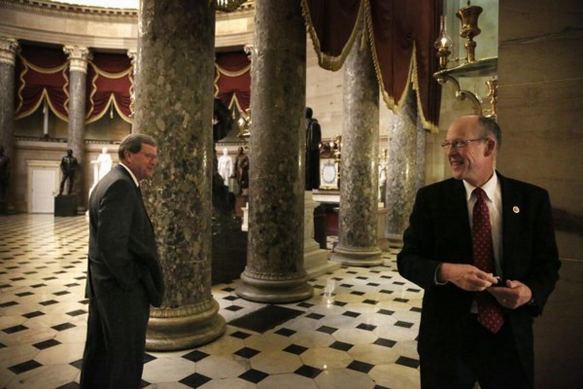 Republican Reps. Greg Walden of Oregon and Tom Latham of Iowa in the Capitol's National Statuary Hall. A resolution to the budget impasse appeared to be within sight.