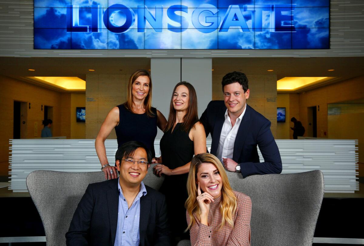 Lionsgate executives (top row) Jen Hollingsworth, Laura Kennedy, and Jordan Gilbert, photographed with YouTube stars Freddie Wong and Grace Helbig.