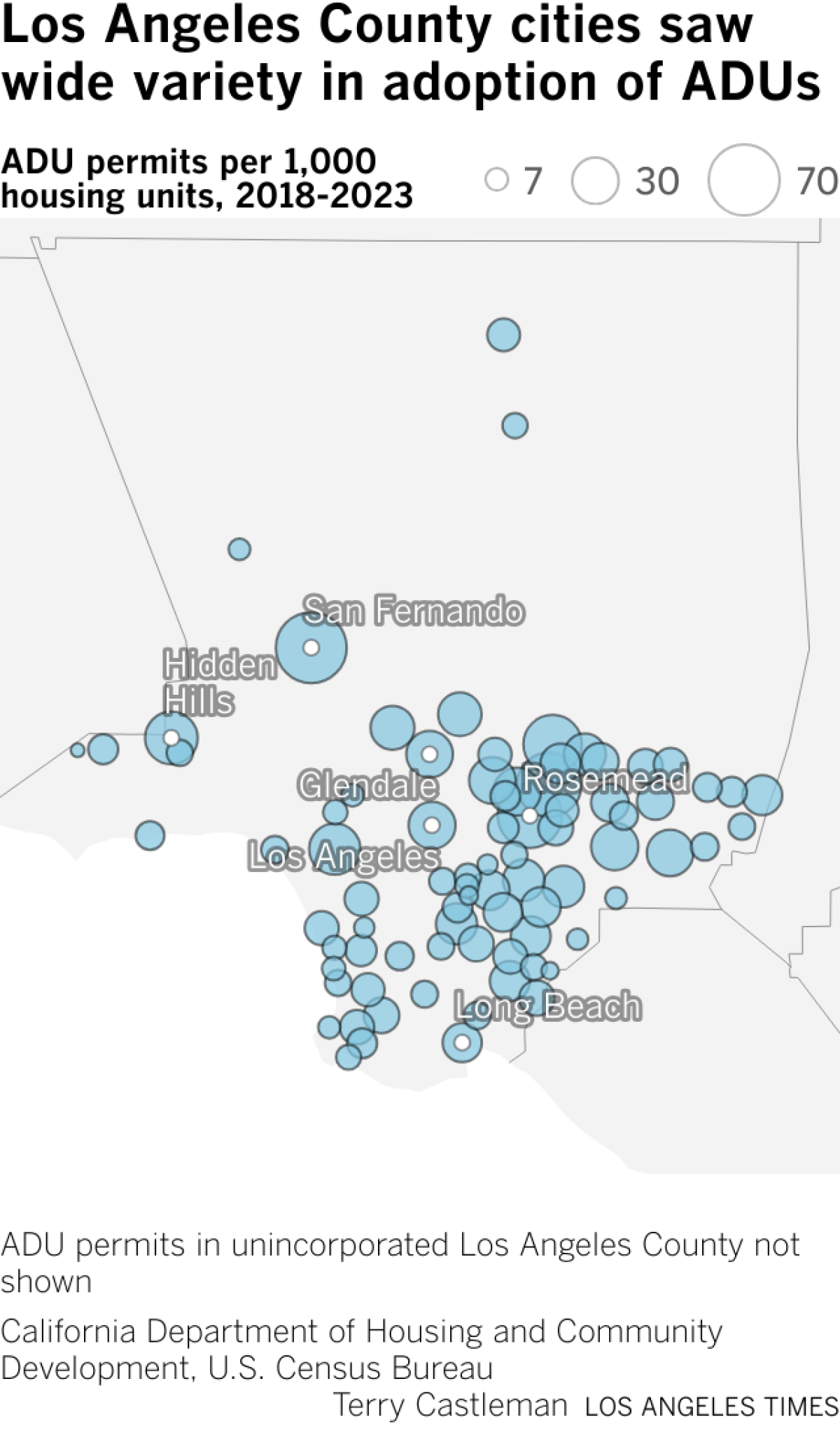 Map showing how many ADUs were permitted in each of Los Angeles County's cities.