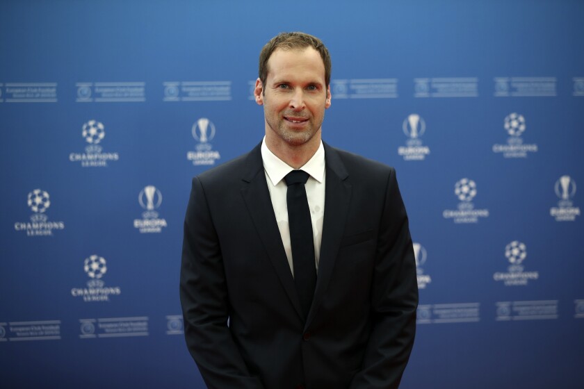 FILE - Petr Cech technical and performance advisor of Chelsea poses for photographers before the UEFA Champions League group stage draw at the Grimaldi Forum, in Monaco, Aug. 29, 2019. Former Chelsea goalkeeper Cech will leave his role as technical and performance adviser at the Premier League club this week. Cech’s departure after three years in the role is the latest change under Chelsea’s new ownership. (AP Photo/Daniel Cole, File)
