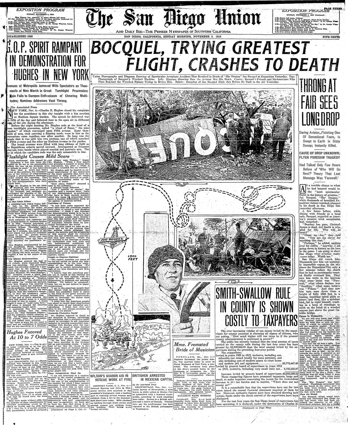 Front page of The San Diego Union and Daily Bee, Nov. 5, 1916.