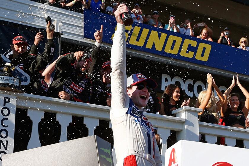 LONG POND, PA - JUNE 11: Ryan Blaney, driver of the #21 Motorcraft/Quick Lane Tire & Auto Center Ford, celebrates in Victory Lane after winning the Monster Energy NASCAR Cup Series Axalta presents the Pocono 400 at Pocono Raceway on June 11, 2017 in Long Pond, Pennsylvania. (Photo by Jeff Zelevansky/Getty Images) ** OUTS - ELSENT, FPG, CM - OUTS * NM, PH, VA if sourced by CT, LA or MoD **