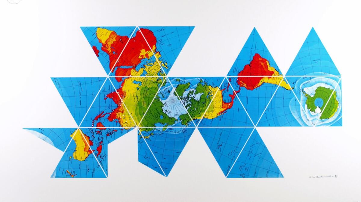 R. Buckminster Fuller's map rendering "Dymaxion Air-Ocean World Map," 1980, at Edward Cella.