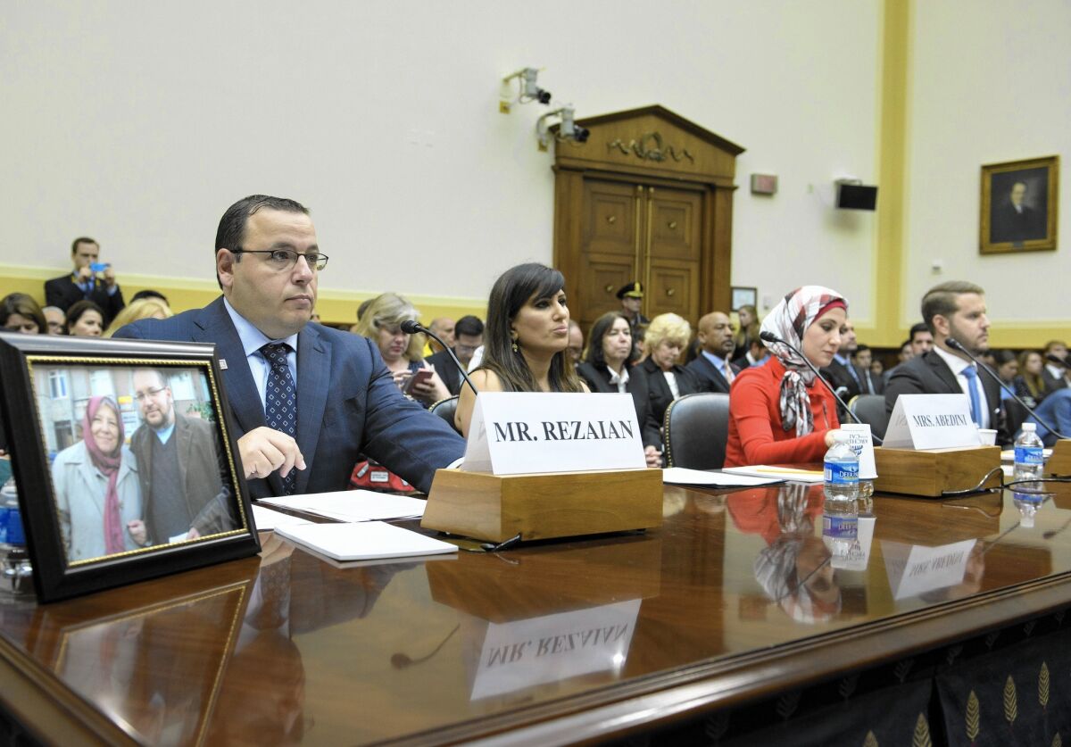Ali Rezaian, left, Naghmeh Abedini, Sarah Hekmati and Daniel Levinson, the relatives of four Americans held in Iran, attend a congressional hearing in June 2015.