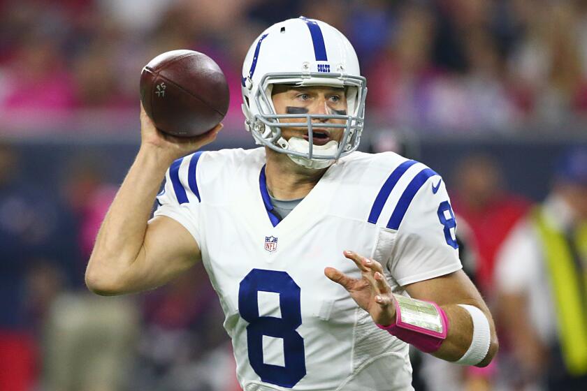 Indianapolis quarterback Matt Hasselbeck looks to pass against Houston on Thursday night.