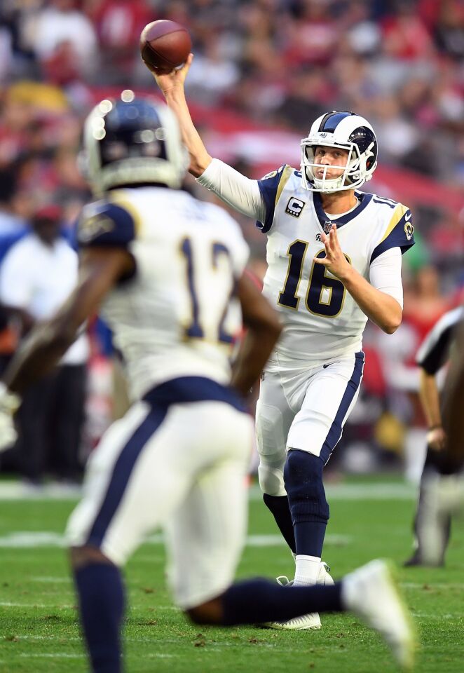 Rams quarterback Jared Goff throws a pass against the Cardinals.
