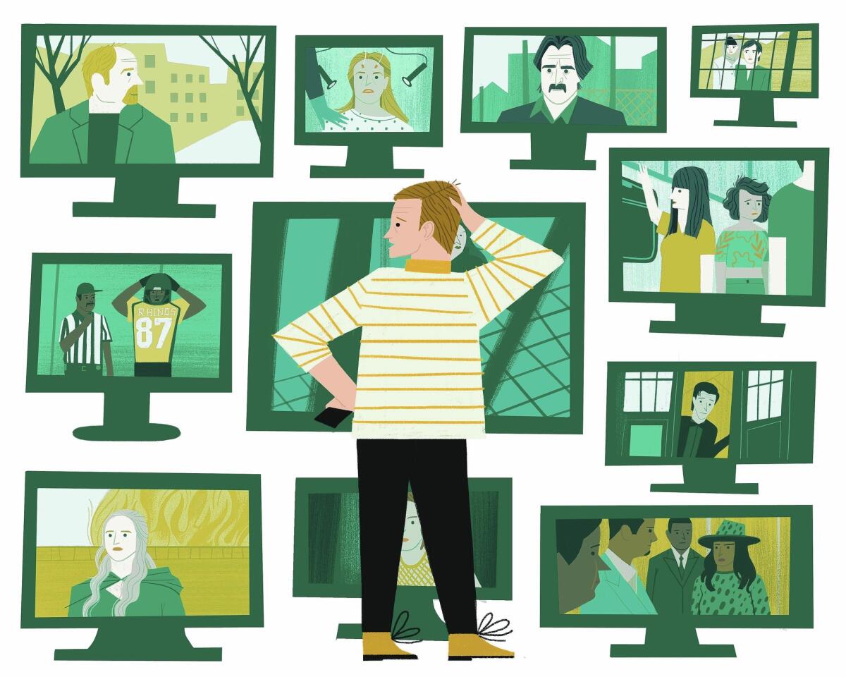 Illustration of a man scratching his head looking at TV screens, overwhelmed by too much good television.