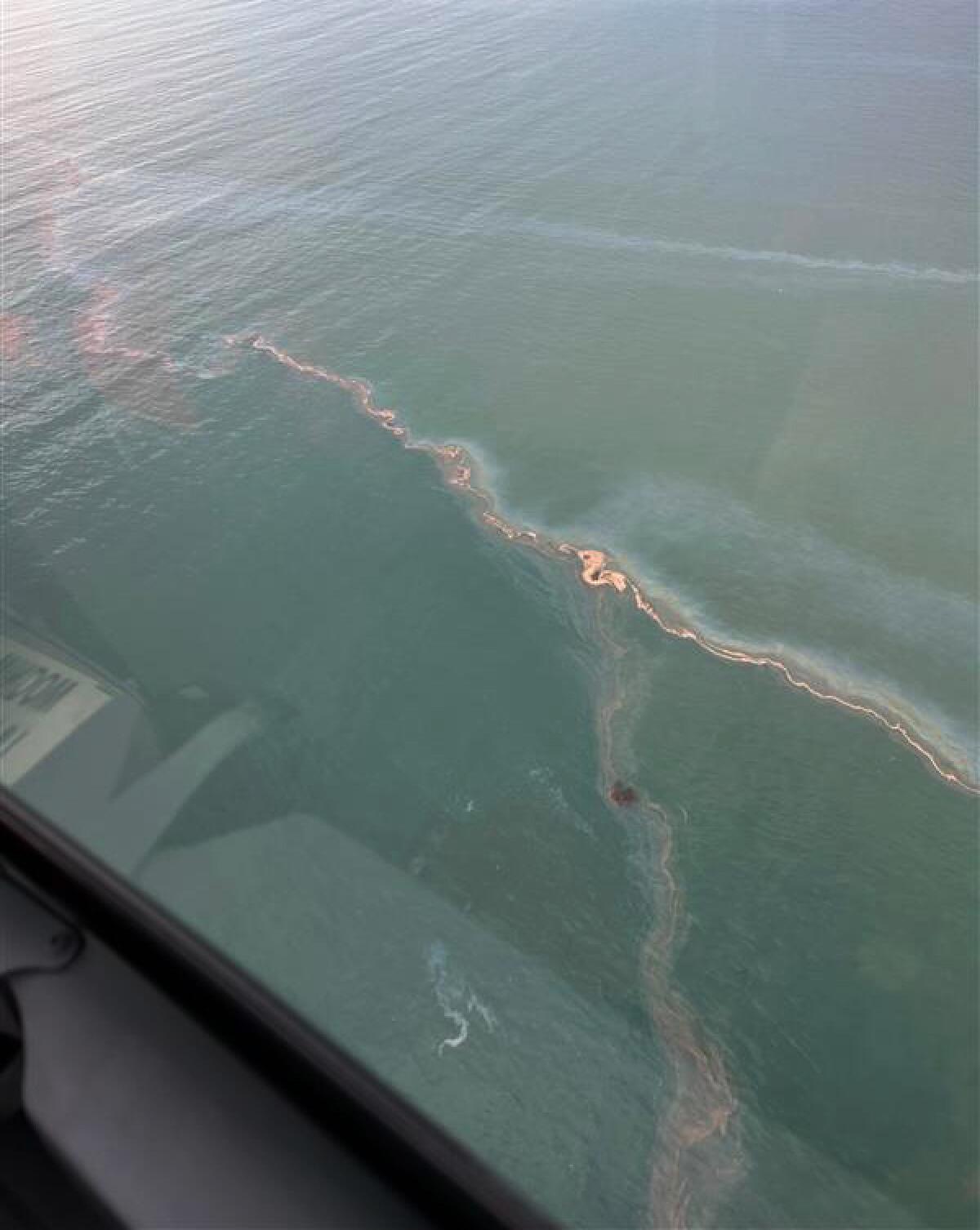 Aerial view of an oil sheen spotted off Summerland Beach.