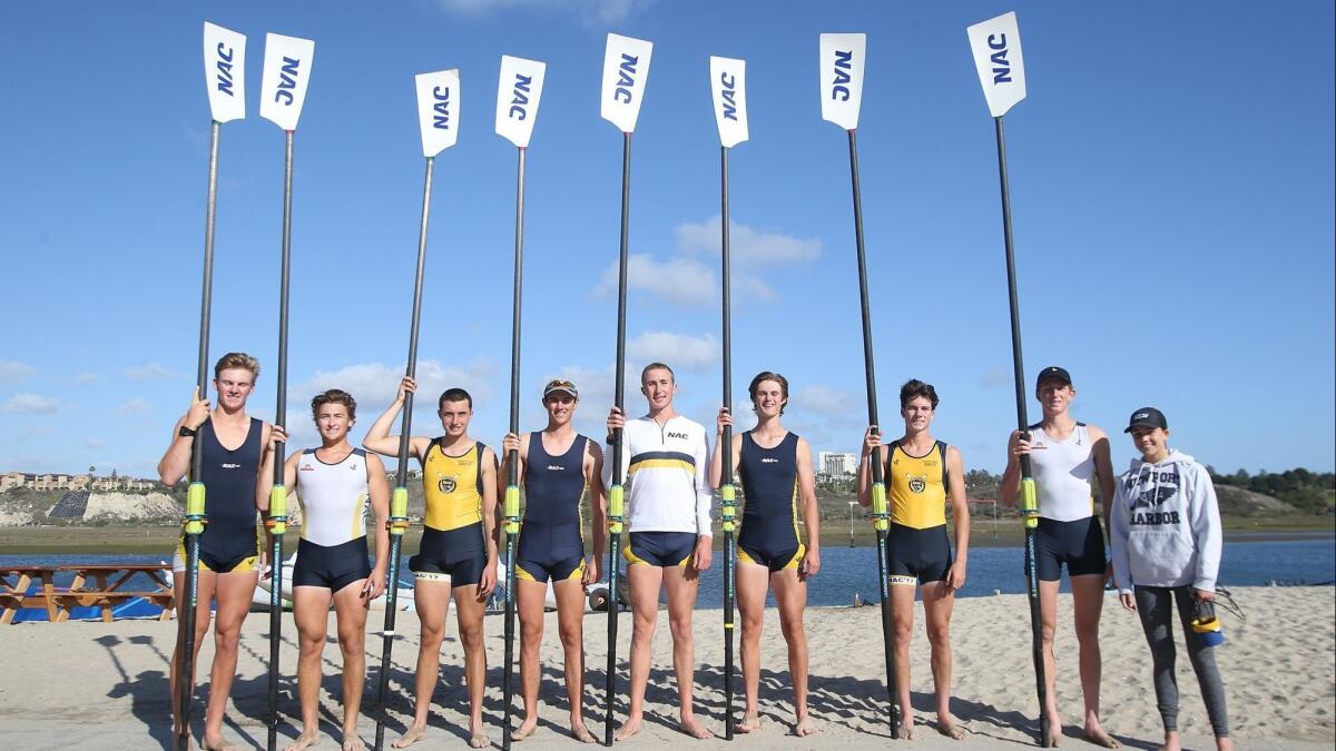 The Newport Aquatic Center varsity eight includes Blake Richter, from left, Frank Choumas, Garrett Putnam, Justin Coar, Grant Person, Caleb Cowles, Parker Ruiz, Nate Porter, and coxswain Natasha Ellis.