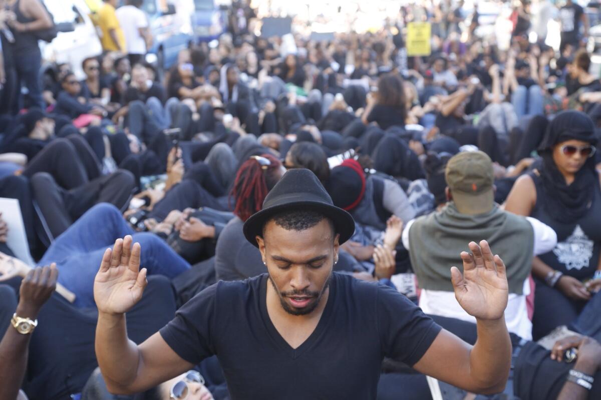 Protesters stage a demonstration in Hollywood against police brutality in 2014.