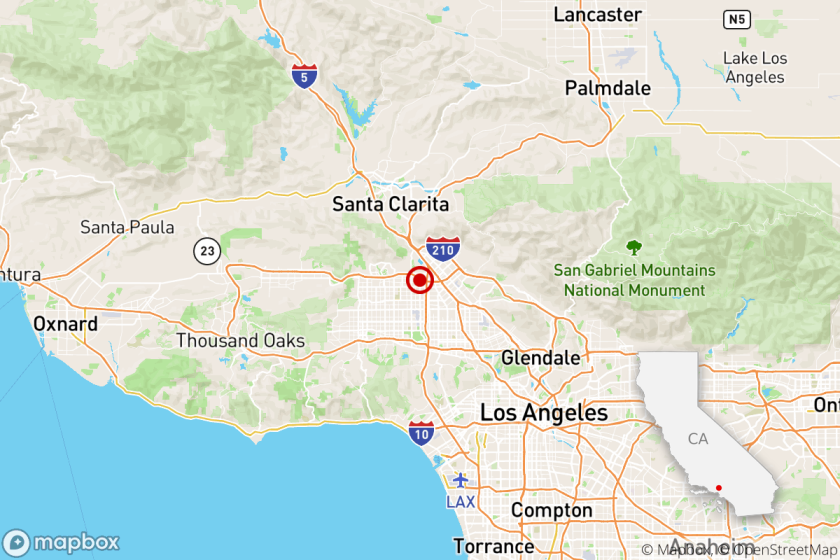 Map shows epicenter of earthquake in northern San Fernando Valley of Los Angeles