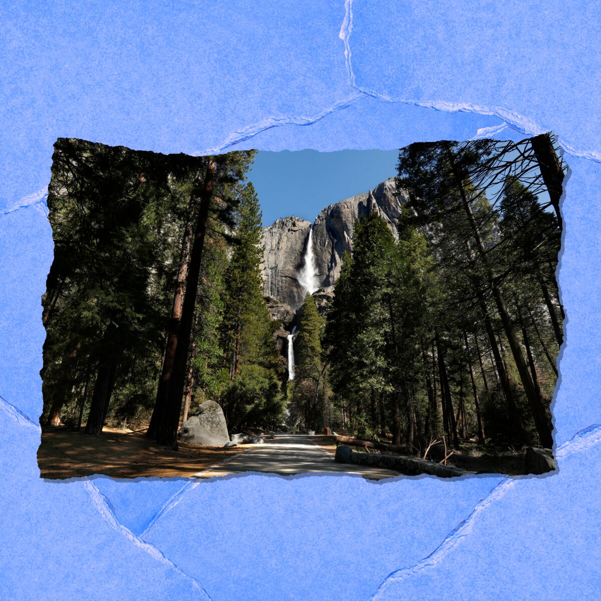 A long waterfall cascades down a cliff, seen through tall pines.