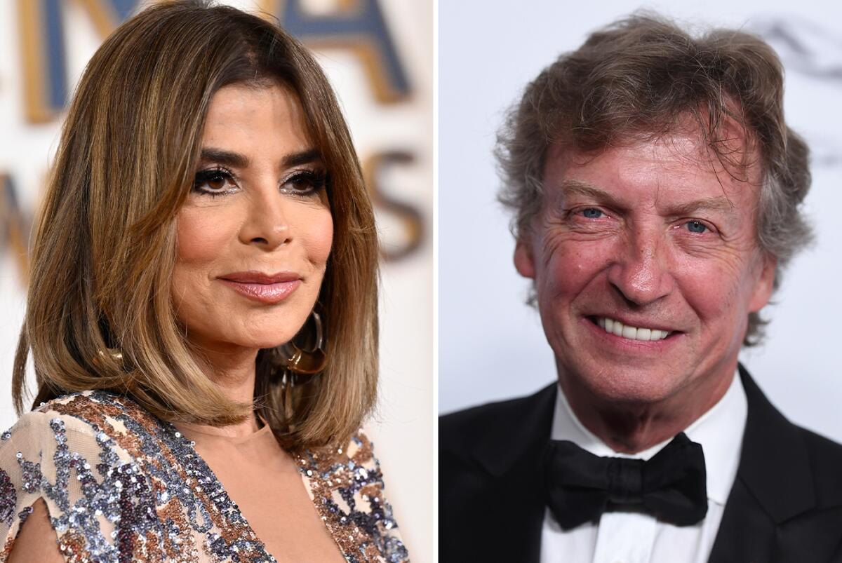 Paula Abdul smiling in a headshot beside a picture of Nigel Lythgoe in a bow tie