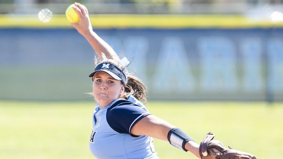 Marina's Emily Rush, seen pitching against Fountain Valley on April 19, 2018, was named the Surf League MVP for the 2019 season.