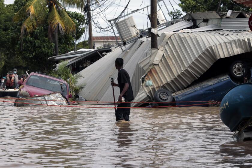 FILE - In this Nov. 6, 2020 file photo, a resident walking through a flooded street looks back at storm damage caused by Hurricane Eta in Planeta, Honduras. Flooded out Honduran and Guatemalan families stranded on rooftops in the most marginalized neighborhoods after the passage of hurricanes Eta and Iota portend a new wave of migration, observers across the region say. (AP Photo/Delmer Martinez, File)