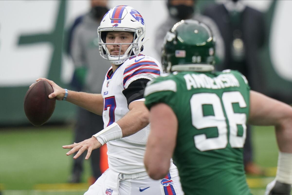 Buffalo Bills quarterback Josh Allen looks to throw in Sunday's win over the New York Jets.