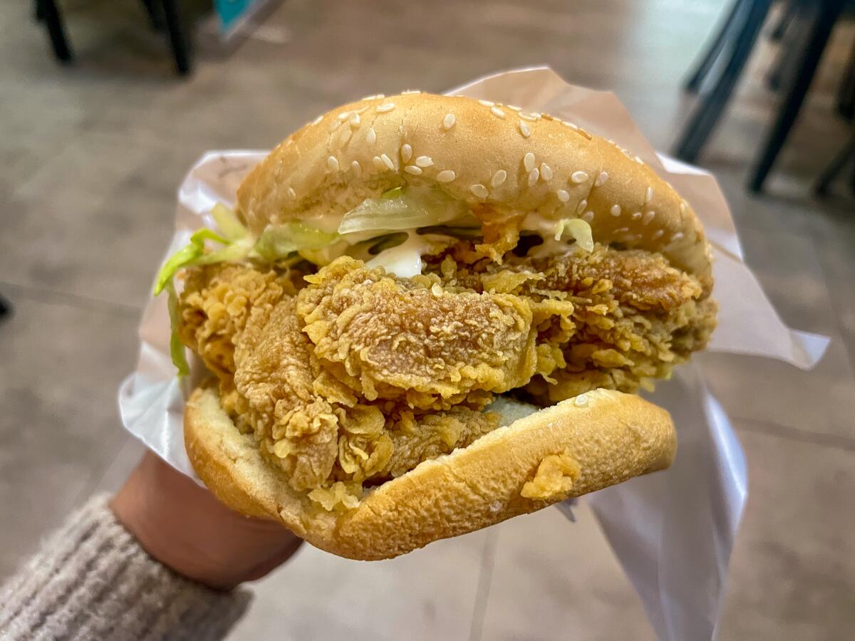 Signature spicy chicken burger from Chickii Fried Chicken in San Gabriel.