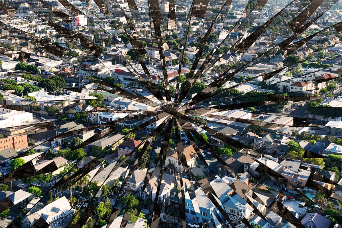 photo illustration of an aerial view of Los Angeles with a shattered effect