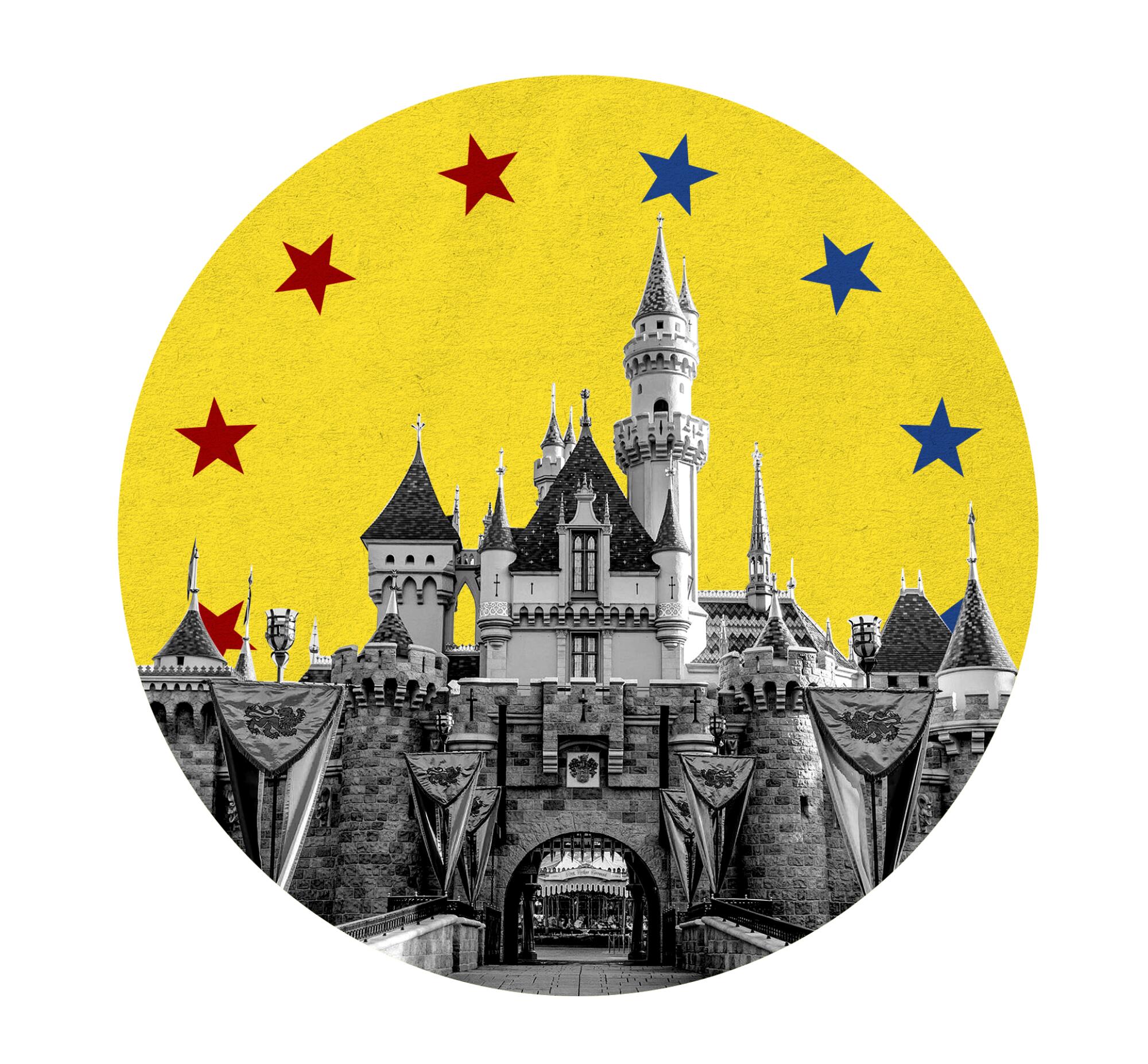 Photo of Disney castle in yellow circle with stars