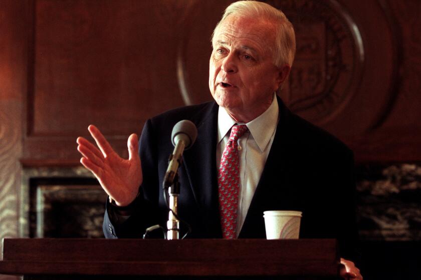 Mayor Richard Riordan addresses the media after he unveiled his fiscal year 1997–98 budget
