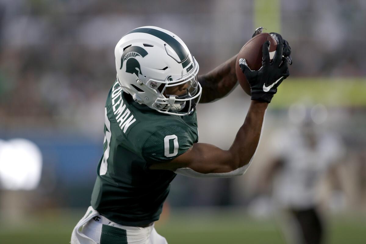 Michigan State wide receiver Keon Coleman catches a pass for a touchdown against Western Michigan on Sept. 2.