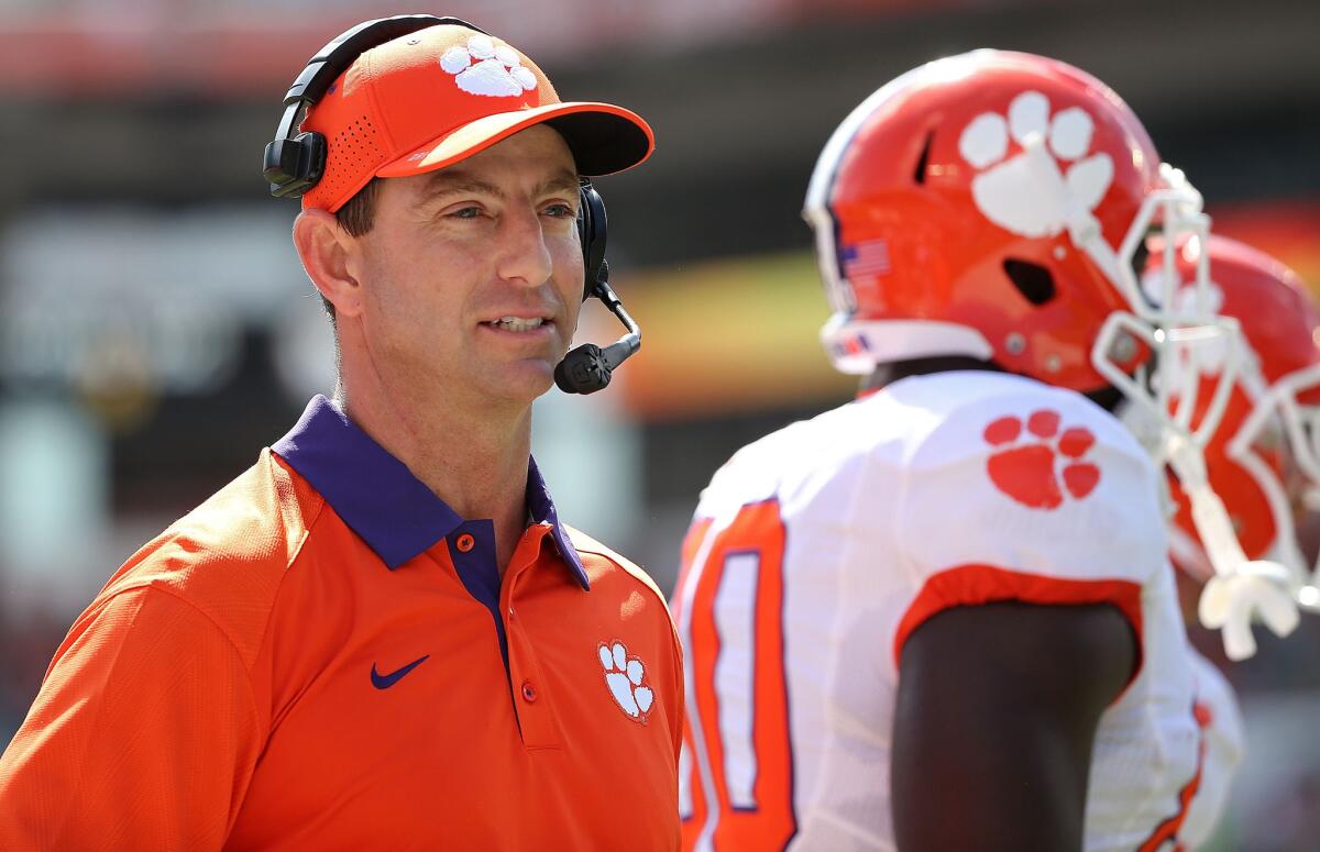Clemson Coach Dabo Swinney reacts during the Tigers' 58-0 victory over Miami during a game at Sun Life Stadium on Oct. 24.