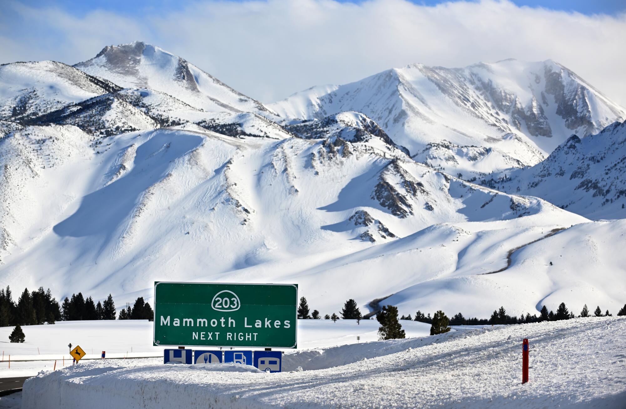 The Sierra Nevada mountains around Mammoth Lakes are caked with snow 
