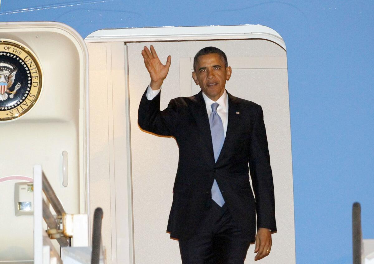 President Obama arrives Monday at LAX. He spoke at two fundraisers in Beverly Hills in the evening and planned to visit Dreamworks Animation in Glendale on Tuesday.