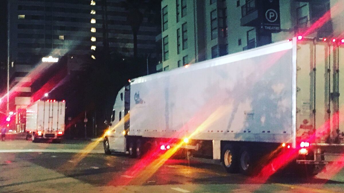 Parts of the "Hamilton" set arrive in unmarked trucks at 4:45 a.m. one recent morning.
