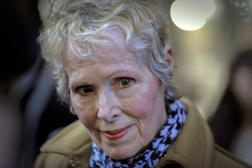 FILE - E. Jean Carroll talks to reporters outside a courthouse in New York, March 4, 2020. Jurors’ names will be kept secret at the upcoming trial of the writer’s rape lawsuit against former President Donald Trump, a judge ruled Thursday, March 23, 2023, citing “a very strong risk” they would otherwise face harassment and more. Anonymous juries are unusual, particularly outside criminal cases. The Associated Press and the Daily News of New York objected to the plan for Carroll's civil case. (AP Photo/Seth Wenig, File)